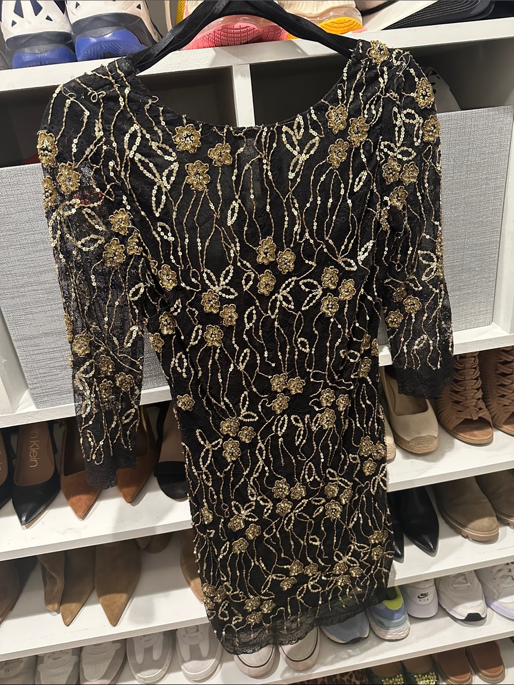 Alberto Makali Black Dress with Gold Floral Embellishment